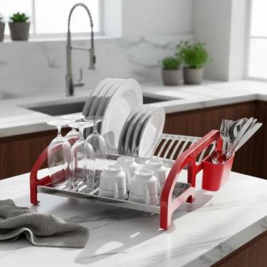 Imagem de Escorredor de Louça 16 Pratos Vermelho em aço Inox Cama com Porta Talh