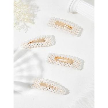 Imagem de 4 peças de grampos de cabelo de imitação de pérola de resina, grampos de cabelo brancos com clipe de ferro triangular e retângulo presilhas clássicas para mulheres, maquiagem, salão de beleza