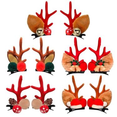 Imagem de 6 pares de grampos de cabelo de chifre, acessórios de cabelo de rena de Natal com pinhas, sinos, chapéu de Papai Noel, pompons - decorações festivas para meninas e mulheres