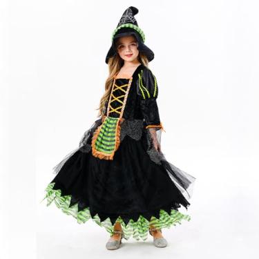 Imagem de OTUIZEM Fantasia de bruxa de Halloween com chapéu, vestido de bruxa infantil, lavável na máquina, tamanho P-10 anos, verde, roxo