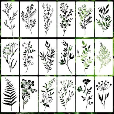 Imagem de 18 peças de estênceis de flores e folhas para pintura, estênceis reutilizáveis de flores silvestres 15 x 7 cm, pequenos modelos de desenho botânico floral para artesanato, madeira, tela, arte de
