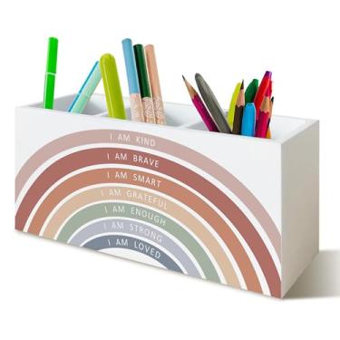 Imagem de YTRGI Porta-lápis vermelho Boho Rainbow Positive Affirmations para sala de aula, mesa de escritório, I Am Kind Brave, inteligente, inspiradora, escova de dentes, organizador para escova de dentes para