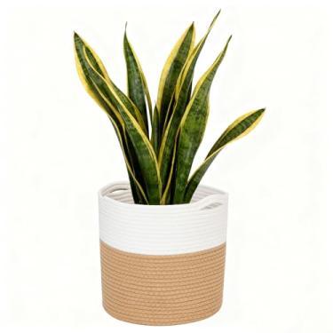 Imagem de JBESUHI Cesta de plantas de corda de algodão com emenda de juta – Cesta de armazenamento moderna para plantador interno de piso de 27 cm, capa decorativa de vaso de flores branca e bege com alça