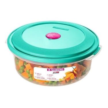Imagem de Pote Redondo Plástico para Alimentos, Tampa Reversível com Travas, 1330ml, Verde Água, Apto para Micro-ondas e Freezer