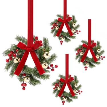 Imagem de CENMORISE 4 mini guirlandas de 23 cm para armários com laços de fita, bola dourada de baga vermelha, guirlanda pequena para pendurar na parede de Natal, casa de fazenda, porta de janela
