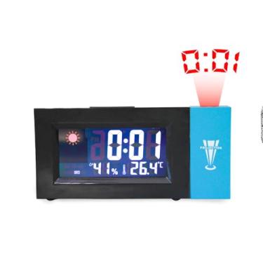 Imagem de Relógio Despertador LED com Projetor de Hora, Display Digital, Termômetro, Tela Espelhada, Preto, 16,5x8x3cm, Alimentação Pilhas AAA ou DC 5V