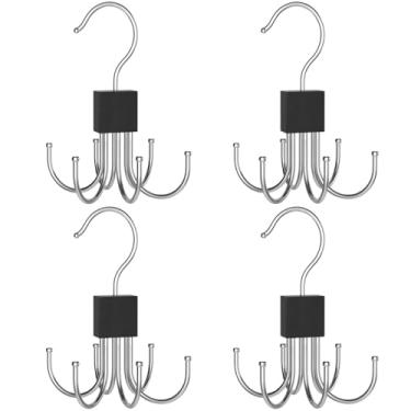 Imagem de Cabide giratório compacto de 4 peças com 6 ganchos, organizador de madeira e aço inoxidável para cachecóis, chapéus e bolsas