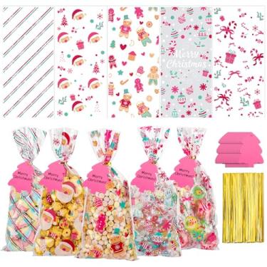 Imagem de woric 100 unidades de sacos de presente de Natal com etiquetas de presente para escrita, sacos de celofane rosa transparente, saco de brindes de Papai Noel com 100 laços torcidos para biscoitos, doces