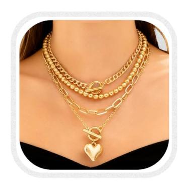 Imagem de YMCQYCY Colares de camadas grossas para mulheres, conjunto de colar de corrente empilhável com pingente de moeda e coração, joia moderna para uso diário e presente, Medium, Liga de aço, Sem Pedra