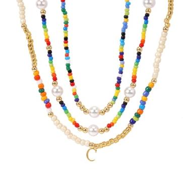 Imagem de SHINUS BOHO Colar gargantilha feminina com contas em camadas com letra inicial, contas coloridas delicadas, pérola dourada, joia moderna ideal para roupas diárias de férias, Latão, Sem Pedra Preciosa