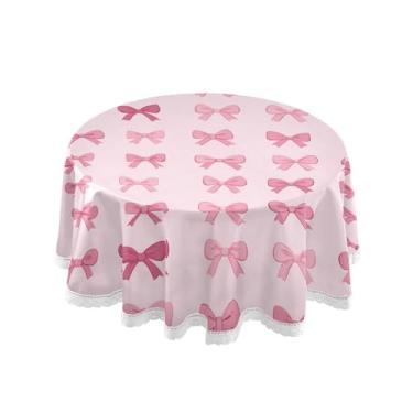 Imagem de SEHANY Toalha de mesa redonda com laço rosa de 152 cm, tecido lavável sem rugas, toalha de mesa decorativa de renda para restaurante, casamento, acampamento, festa de cinco de maio