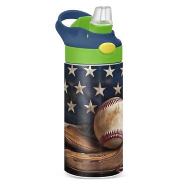 Imagem de Blueangle Garrafa de água de taco de beisebol vintage de aço inoxidável isolada de 350 ml com tampa de canudo - Garrafa esportiva reutilizável à prova de vazamento para viagens, ao ar livre #590