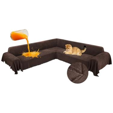 Imagem de ROFASVCO 1OO% capas de sofá seccionais de canto à prova d'água em forma de L com borla, macia, grossa, lavável, protetor de móveis para cães e animais de estimação (231 cm x 701 cm, chocolate)