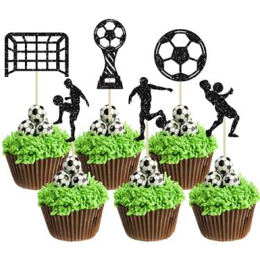 Imagem de 24 peças de topo de cupcake de futebol glitter bola de futebol palhetas de cupcake decorações de bolo esportivo tema de futebol festa de aniversário chá de bebê crianças meninos homens lembrancinhas