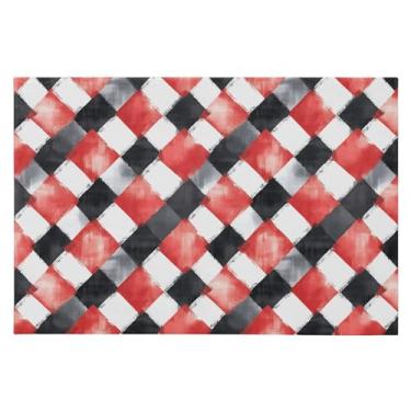 Imagem de Wassud Tapete de porta guingão vermelho e preto 61 x 89 cm, tapete de área lavável antiderrapante com suporte de borracha, tapete macio e macio para sala de estar, quarto, entrada, entrada