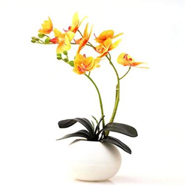 Imagem de LMJYU Presentes de flores artificiais flores artificiais Phalaenopsis Orquídea Bonsai com vaso de cerâmica, flores de toque real de poliuretano falso floral para escritório casa centro de mesa
