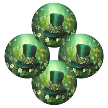Imagem de Wassud Jogo americano conjunto de 4 tapetes redondos de chapéu verde e flores para cozinha e jantar tapetes laváveis resistentes ao calor para decoração de mesa 39 cm