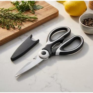 Imagem de Tesoura de cozinha multiuso – Tesoura de cozinha de aço inoxidável resistente para carne, aves, peixe, legumes, ervas, tesouras afiadas multiuso para alimentos, podem ser lavadas na lava-louças, preta