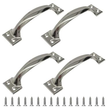 Imagem de Zorveiio 4 maçanetas de porta de celeiro prateadas de 12 cm, puxadores de armário de portão de metal vintage para portas de celeiro, garagens e cercas, puxadores de aço inoxidável com parafusos de