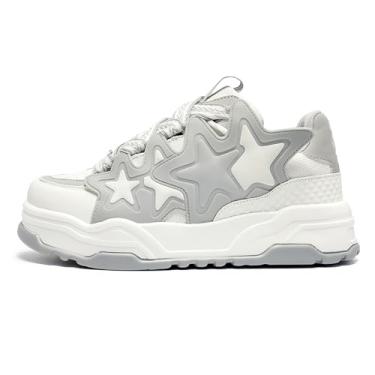 Imagem de NEW SHITA Tênis unissex estrelas, casual, para caminhada, feminino, moderno, plataforma, grosso, moderno, confortável, tênis masculino, Branco, cinza, 11 Women/9.5 Men