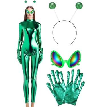 Imagem de Maiteenly Body feminino brilhante metálico Unitard Catsuit Halloween cosplay fantasia acessórios alienígena bandana óculos luvas (verde, GG)
