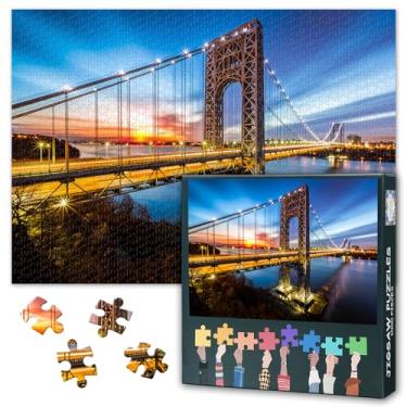Imagem de Quebra-cabeça de 1000 peças para adultos George Washington Bridge at Sunrise Fort Lee NJ Suspension Bridge New York Skyline Scenic Puzzle Wall Art Decor 70 x 40 cm
