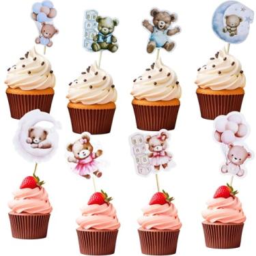 Imagem de 48 peças de enfeite de cupcake de urso, tema lua e bebê urso suprimentos de festa para chá de bebê, decoração de bolo de aniversário de animais da selva (azul rosa)