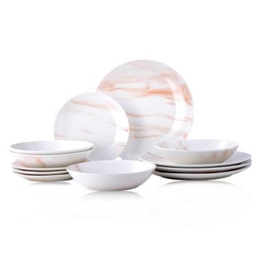 Imagem de Bestone 12 peças de utensílios de cozinha redondos, conjuntos de pratos e tigelas, pratos, tigelas, conjunto de pratos, pratos e tigelas, serviço para 4, mármore laranja e branco