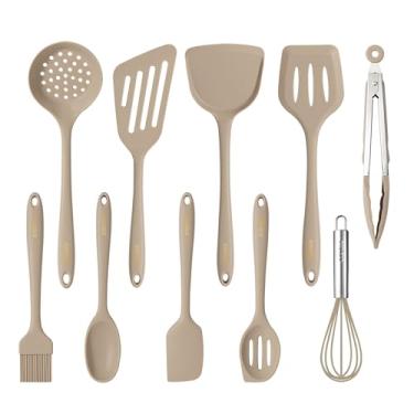 Imagem de CAROTE Conjunto de utensílios de cozinha para panelas antiaderentes, conjunto de utensílios de cozinha de silicone resistente ao calor, 10 peças, marrom, espátula inodora, espátula