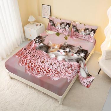 Imagem de AILONEN Jogo de cama Queen com estampa de gato 3D, gato colorido, flor bonita, animal de estimação para crianças, 1 lençol de cima, lençol com elástico com 2 fronhas, 4 peças
