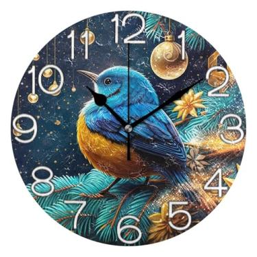 Imagem de GAIGEO Relógio de parede analógico decorativo escritório cozinha relógio operado por bateria silencioso, retrô moderno art déco decoração de parede bonito pássaro azul árvore de Natal, 25 cm