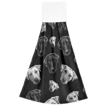 Imagem de Toalhas de mão de cozinha com laço para pendurar preto branco labrador forno de cachorro toalhas de dedo conjunto de 2, decorações de cozinha fofas altamente absorventes, 46 x 35 centímetros