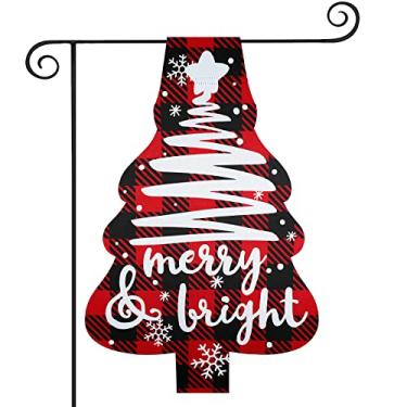 Imagem de Bandeira de jardim de Natal em forma de árvore 3D, YEAHOME vertical dupla face 32,5 x 45 centímetros aplique árvore e topo de árvore bandeira de quintal, decorações de natal ao ar livre, decoração de natal rústica de casa de fazenda
