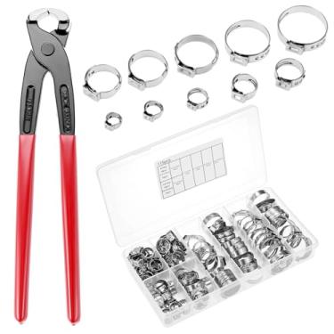 Imagem de QWORK Kit sortido de braçadeira de mangueira de orelha de aço inoxidável 304 116 peças com pinça 6-28,6 mm braçadeiras de crimpagem contínuas de orelha única para manutenção de eletrodomésticos de