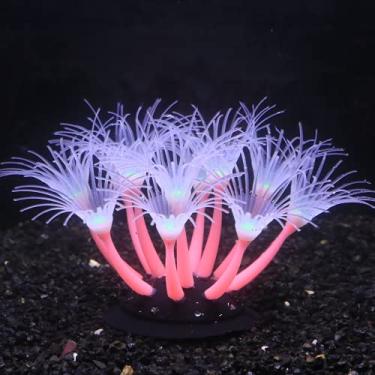 Imagem de Bluecoco Corais de girassol azul/amarelo/roxo/rosa, gel de sílica macia se move naturalmente com o fluxo de água, decorações de aquário que brilham no escuro, ornamentos de coral brilhantes para decorações de tanque de peixes (rosa)