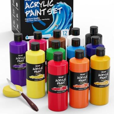 Imagem de WUO Conjunto grande de tinta acrílica, 12 cores vibrantes (250 ml) - não tóxico, impermeável, secagem rápida, pigmentos ricos para tela, madeira, tecido, pedras, cerâmica e mais - ideal para crianças