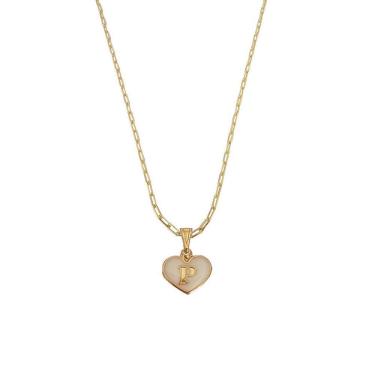 Imagem de Colar Cartier 60Cm Coração Branco Letra P Banhado Ouro 18K