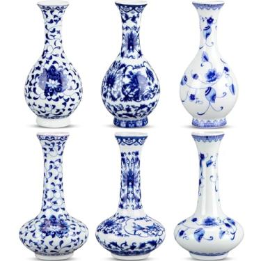 Imagem de LemonRoad 6 peças de vasos de porcelana azul e branco 14 cm de altura, mini chinoiserie clássico, vaso de flores de cerâmica para decoração de casa, escritório, festa e eventos (clássico)