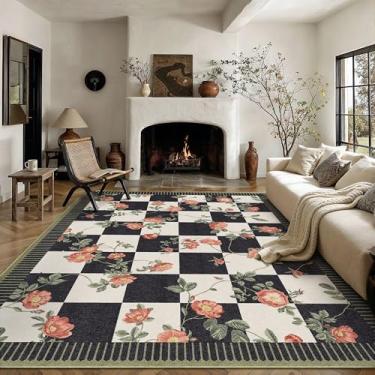 Imagem de HUGEAR Tapetes quadriculados de 20 x 25 cm, lavável na máquina, preto e branco, grande tapete para sala de estar, estampa floral, antiderrapante, resistente a manchas, tapete interno para quarto, casa