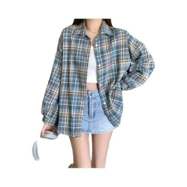 Imagem de Camisa Jaqueta Feminina Oversized Xadrez Tartan Manga Longa Com Botões