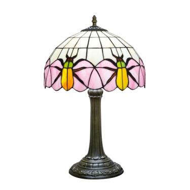 Imagem de NUODITOS Tiffany Candeeiro de mesa de vidro manchado rosa besouro amarelo vintage quarto luz de mesa para casa dormitório escritório arte artesanato decoração antiga acento estético mesa de cabeceira