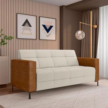 Imagem de Sofá Living Decorativo Houston 2 Lugares 200cm Pés em Metal Linho/PU Off White/ Caramelo G33 - Gran Belo