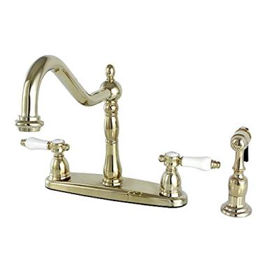 Imagem de Kingston Brass KB1752BPLBS Bel Air Torneira de cozinha de centro de 20,32 cm com pulverizador de latão, 22,32 cm no alcance do bico, latão polido