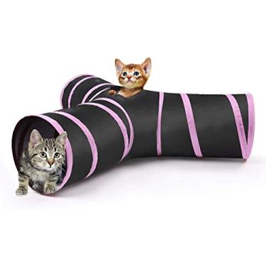 Imagem de Brinquedos para gatos, tubo de túnel de gato, túneis de 3 vias extensíveis e dobráveis para gatos, brinquedo interativo, labirinto e gatos, cama com bolas e sinos para gato, gatinho, coelho, pequeno animal (rosa)