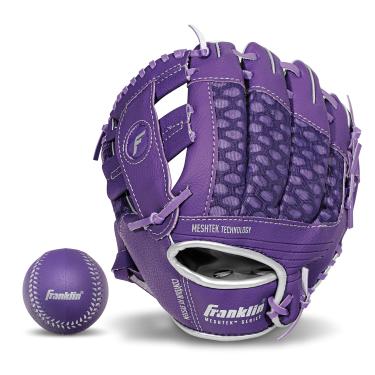 Imagem de Franklin Sports Conjunto de luva e bola Teeball – Meshtek Teeball luva e espuma de beisebol – roxo/prata – arremesso de mão esquerda de 24 cm, roxo/cromado, (modelo: 22809L)