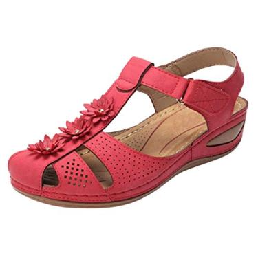 Imagem de Sandálias femininas femininas com bico do tornozelo macias e confortáveis sapatos de sola oca redonda feminina esportiva sandálias femininas, Vermelho, 6
