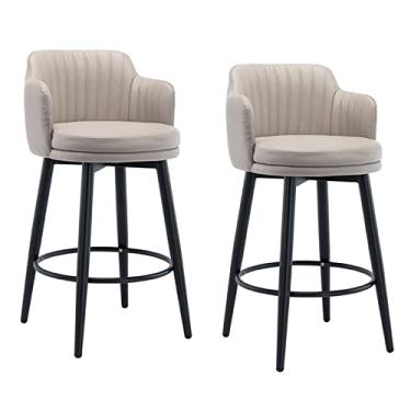 Imagem de Banqueta de Balcão de Cozinha Redonda com Pés de Metal Preto e Apoio de Pés Redondo Preto Estofado Assento de Couro Napa para Cozinha/sala de Jantar/sala de Estar Conjunto de 2 (Color : Khaki)