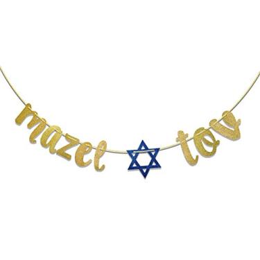 Imagem de Mazel Tov Glitter Banner Sign, Bar Mitzvah, Decoração judaica, Chá de panela, Festa de noivado, Parabéns, Banner de festa de casamento (ouro e azul)