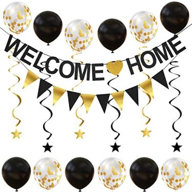 Imagem de Decoração de banner Welcome Home com placa de boas-vindas para casa, guirlanda, balões e redemoinhos pendurados para retorno de boas-vindas militares, artigos de festa em casa