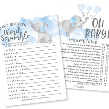 Imagem de Hadley Designs Jogos divertidos de chá de bebê para meninos – 25 cartas dupla face para 25 convidados, 2 jogos, jogo de chá de bebê Word Scramble, verdadeiro ou falso, feito nos EUA (elefante azul)